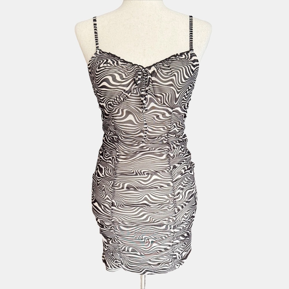 H&M Divided zebra mini bodycon Mesh Ruched Dress Small brown‎ coquette Y2K Indie